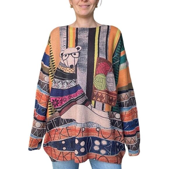 GUNEST Graphic Wearable Art Crewneck Printed Bear Sweater Women Plus Size 3XL - Picture 1 of 7